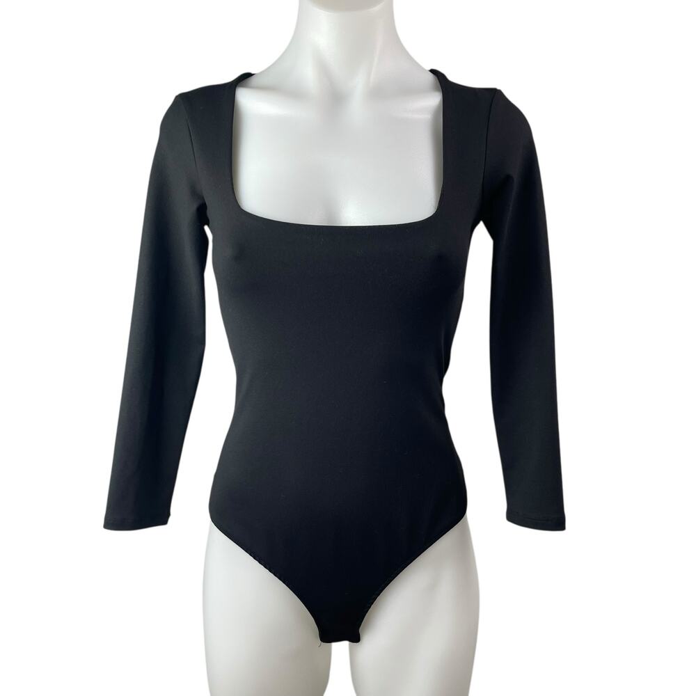 Free People Women's Black Long Sleeve Square Neck Fitted Bodysuit Top Size XS